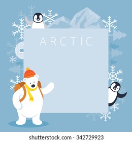 Arctic Polar Bear Backpacker and Penguins Frame, Background, Winter, Nature Travel and Wildlife