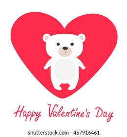 Arctic polar bear cub. Cute cartoon character. Happy Valentines Day. Love card with big red heart. Flat design. White background. Isolated. Vector illustration