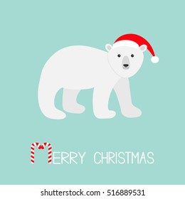 Arctic polar bear cub. Red Santa hat. Cute cartoon baby character. Merry Christmas greeting card. Candy cane stick text. Flat design. Blue background. Vector illustration