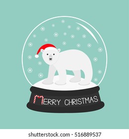 Arctic polar bear cub in red santa hat. Cute cartoon baby character. Crystal ball with snow. Merry Christmas card Candy cane text. Flat design Blue background. Vector illustration