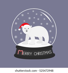 Arctic polar bear cub in red santa hat. Cute cartoon baby character. Crystal ball with snow. Merry Christmas card Candy cane text. Flat design Violet background. Vector illustration.