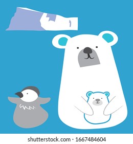 Padres y niños del oso polar ártico y pingüino
