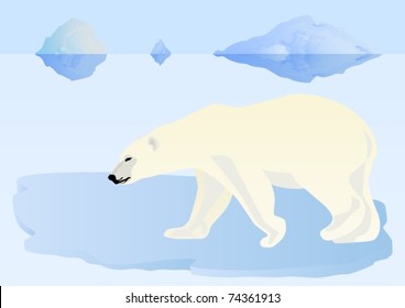 Arctic. Polar bear stands on the ice. Prolonged ice-sea. In the distance are two large iceberg.