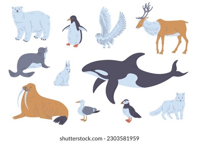 Arctic or polar circle animals and birds set, flat cartoon vector illustration isolated on white background. Arctic wildlife fauna and animal representatives collection.