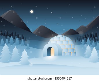 Arctic polar landscape with iced igloo, mountains and spruce forest. Vector illustration