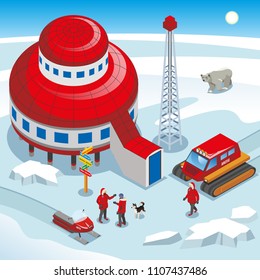 Arctic polar station, scientists with dog, track vehicle, drilling ice equipment on snow background isometric vector illustration