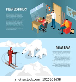 Arctic pole exploration 2 horizontal isometric banners with white bears and radio station interior isolated vector illustration