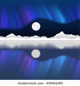 Arctic pole vector landscape with aurora borealis