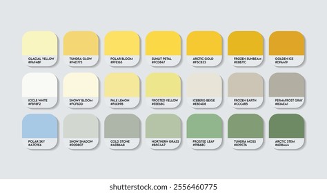 Arctic Poppy (Arctic regions) Flower Color Palette, Arctic Poppy Flower Color Guide Palette with Color Names. Catalog Samples of Papaver radicatum colors with RGB HEX code. Fashion Trend yellow color