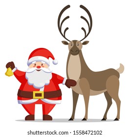 Arctic postcard Santa standing with bell near deer character on white. Winter holiday card with Claus in traditional red clothes and hat near reindeer. Xmas festive poster animal with antlers vector