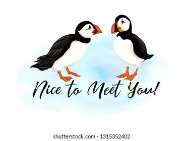 Arctic Puffins  with nice to meet you slogan. Vector illustration.