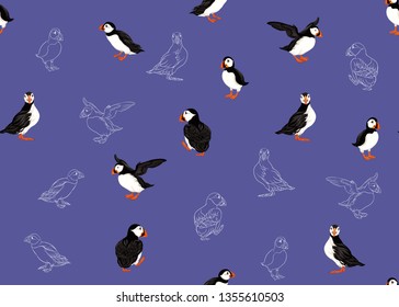 Arctic Puffins seamless pattern. Colored and outline design. Vector illustration.