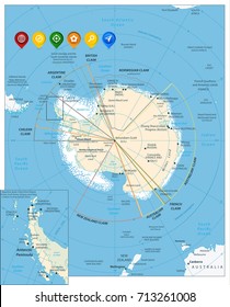 Arctic Region Map and Colorful Map Markers with south pole, scientific research stations and ice shelfs. English labeling and scaling.