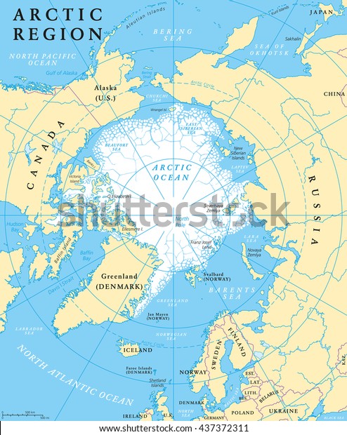 Arctic region map with countries,\
capitals, national borders, rivers and lakes. Arctic Ocean with\
average minimum extent of sea ice. English labeling and\
scaling.