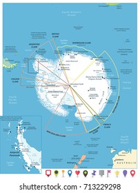 Arctic Region Map and Flat Map Icons with scientific research stations and ice shelfs. English labeling and scaling.