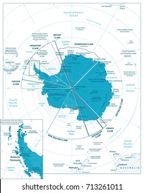 Arctic Region Map Isolated On white with south pole, scientific research stations and ice shelfs.