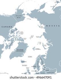 Arctic region nations and North Pole political map with national borders and country names. Arctic ocean without sea ice. English labeling and scaling.