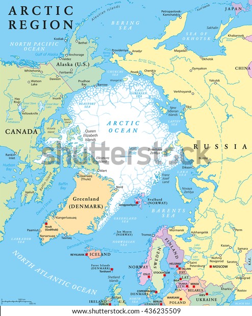 国 首都 国境 重要な都市 川 湖を含む北極圏の政治地図 海氷の平均範囲が最小の北極海 英語のラベル付けとスケーリング のベクター画像素材 ロイヤリティフリー