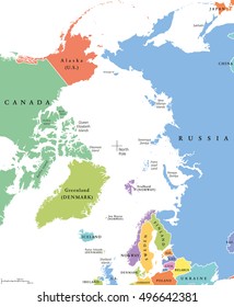 Arctic region single states and North Pole map. Nations in different colors, with national borders and country names. Arctic ocean without sea ice. English labeling and scaling.
