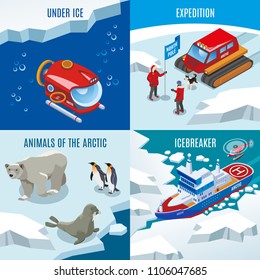 Arctic Research Isometric Design Concept, Expedition, Northern Animals, Discoveries Under Frozen Water, Ice Breaker, Isolated Vector Illustration