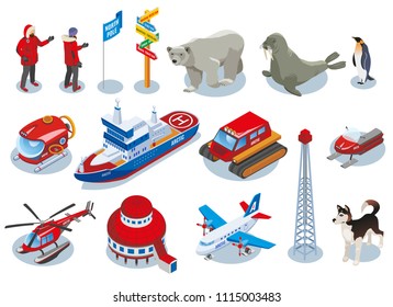 Arctic research isometric icons, scientists, polar station, northern animals, vehicles, ice drilling isolated vector illustration    