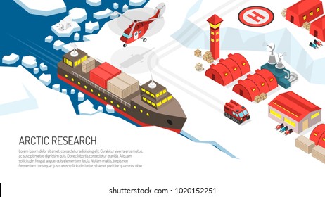 Arctic research polar station settlement isometric poster with icebreaker tracked vehicles snowmobiles helicopter landing helipad vector illustration 