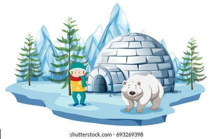 Arctic scene with boy and polar bear by igloo illustration