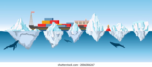 Arctic Scene with Diesel Container Ship in Ocean with Hidden Icebergs and Underwater Whales. Antarctic Research, Sea Logistics, Vessel in Risk Situation on North Pole. Cartoon Flat Vector Illustration