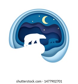 Arctic scene with night sky and polar bear silhouettes, vector illustration in paper art style. Arctic for travel poster, postcard, web banner etc.