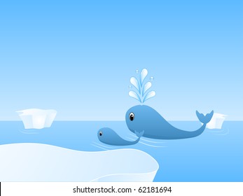 Arctic scene with whale and calf swimming amongst icebergs