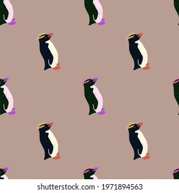 Arctic scrapbook seamless pattern with crested penguins print. Beige pale background. Animal artwork. Designed for fabric design, textile print, wrapping, cover. Vector illustration.