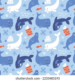 Arctic sea animals, cute blue whale, funny jumping killer whale, beluga and seal, seamless pattern, adorable arctic underwater mammals, doodle children's illustrations, Christmas print