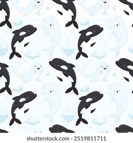 Arctic sea animals, cute seal, funny jumping killer whale and beluga whale in a seamless pattern on a white background. Adorable Arctic Underwater Mammals Children's Illustration Christmas Print