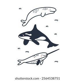 Arctic sea animals doodle. Polar fish and mammal line. Northern cute cold ocean inhabitants. Whale, narwhal, orca, beluga. Wildlife design. Cartoon flat isolated north wildlife fauna illustrations set