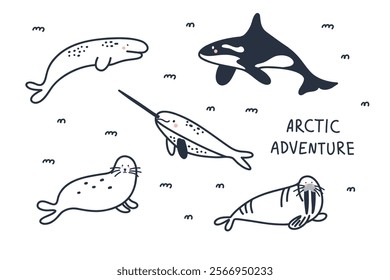 Arctic sea animals doodle. Polar fish and mammal line. Northern cute cold ocean inhabitants. Whale, narwhal, orca, beluga. Wildlife design. Cartoon flat isolated north wildlife fauna illustration set