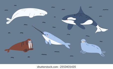 Arctic sea animals. Polar fish and mammal. Northern cute cold ocean inhabitants. Whale, narwhal, orca, beluga. Underwater wildlife design. Cartoon flat isolated north wildlife fauna illustrations set