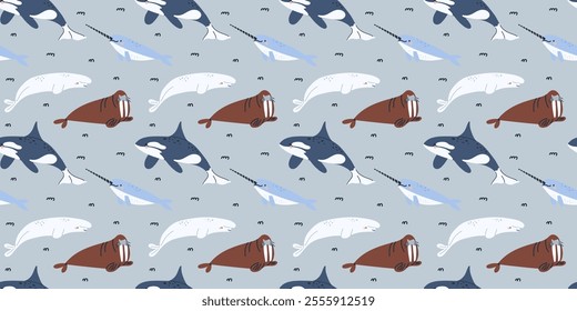 Arctic sea animals seamless pattern. Polar fish and mammal. Northern cute ocean whale, narwhal, orca, beluga. Textile, wrapping paper, wallpaper. Print for fabric, cartoon flat isolated background