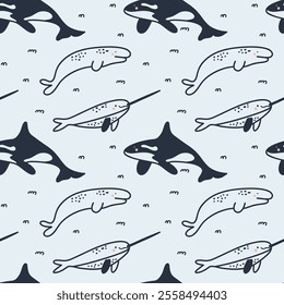 Arctic sea animals seamless pattern. Polar fish and mammal. Northern cute ocean whale, narwhal, orca, beluga. Textile, wrapping paper, wallpaper. Print for fabric, cartoon flat isolated background