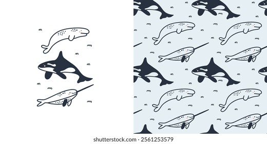 Arctic sea animals seamless pattern. Polar fish and mammal. Northern cute ocean whale, narwhal, orca, beluga. Textile, wrapping paper, wallpaper. Print for fabric, cartoon flat isolated background