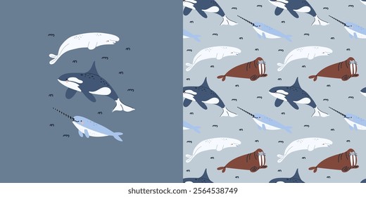 Arctic sea animals seamless pattern. Polar fish and mammal. Northern cute ocean whale, narwhal, orca, beluga. Textile, wrapping paper, wallpaper. Print for fabric, cartoon flat isolated background