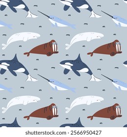 Arctic sea animals seamless pattern. Polar fish and mammal. Northern cute ocean whale, narwhal, orca, beluga. Textile, wrapping paper, wallpaper. Print for fabric. Cartoon flat isolated background