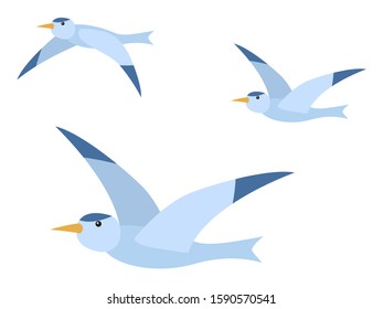 Arctic seagull characters set isolated on white. Polar element of fauna with wild flying bird in flat design style. Flock of birds, group of freedom animal with beak and wings in blue color vector