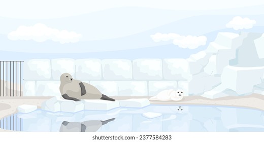 Arktische Robbe in der Nähe der Eismauer im Zoo-Gehege. Nordferien. Natürliche Tierwelt. Cartoon-Design. Kleiner Babycharakter. Winterlandschaft. Wilde Natur, Eisberg. Vektorgrafik