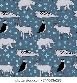 Arctic seamless pattern with animals and bird. Contrast contour doodle objects on blue background. Trendy print design for textile, wallpaper, wrapping, background