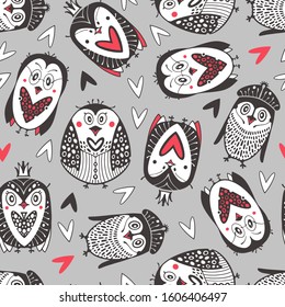 Arctic seamless pattern with cartoon penguins.