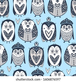 Arctic seamless pattern with cartoon penguins.