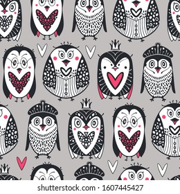 Arctic seamless pattern with cartoon penguins.
