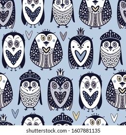 Arctic seamless pattern with cartoon penguins.