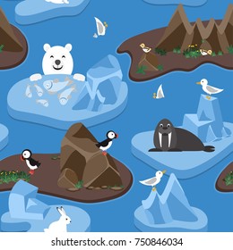 Arctic. Seamless pattern with cute arctic animals and birds on ice floes and islands. Vector illustration