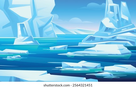 Arctic seascape featuring towering icebergs and floating ice chunks in clear blue water. Vector cartoon illustration